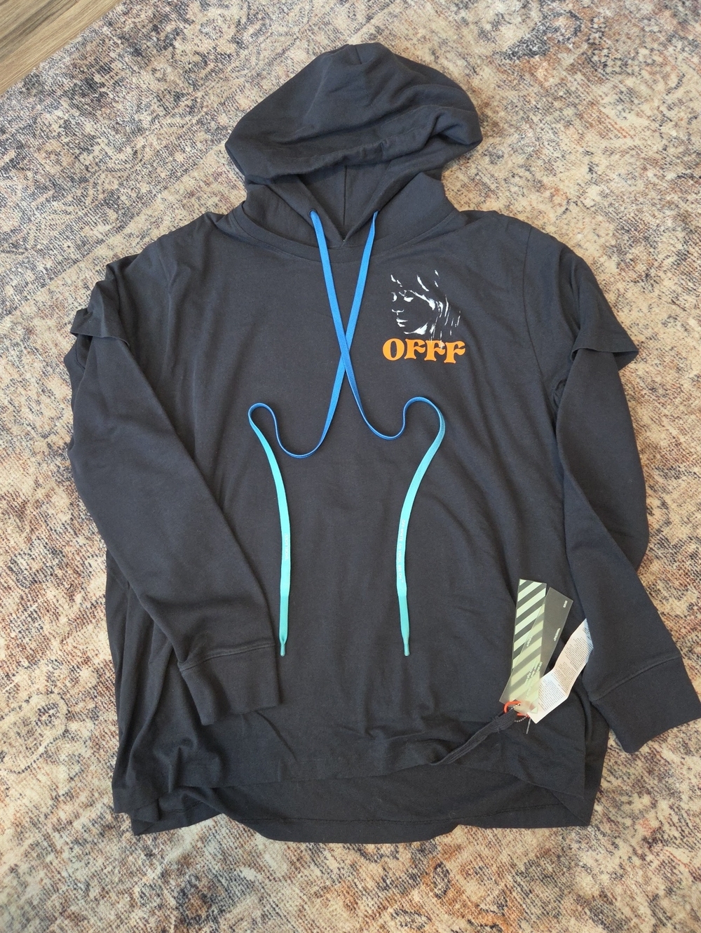 Off White Beige Collection Hoodie with Blue Drawstrings Sz. L
